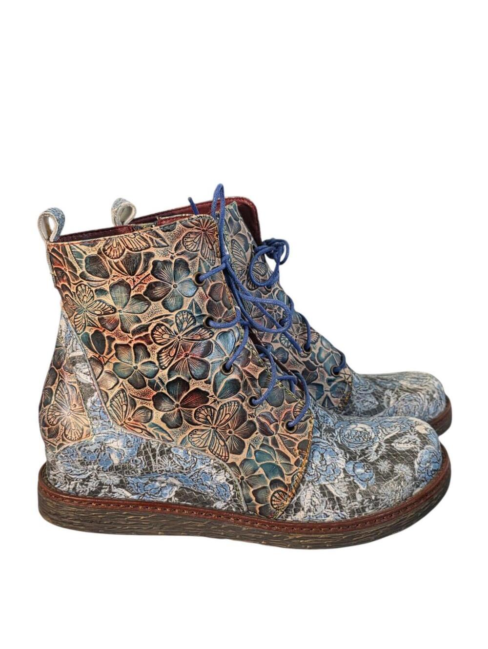 L'Artiste by Spring Step Philia Blue Floral Leather Combat Boots EU 40 US 9-9.5